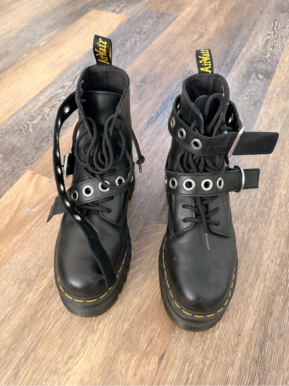 Dr. Martens Black Leather Grommet Strap Lug Boots with Yellow Stitch - Picture 2 of 4